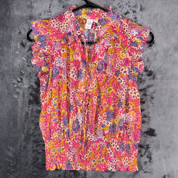Joie Tops - Joie Pink Floral Smocked Waist Blouse Metallic Gold Accents XS 1259453